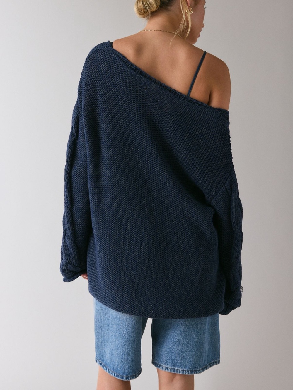 BDG Skylar Chunky Cable Knit Off-Shoulder Sweater - Navy - Picture 3 of 3